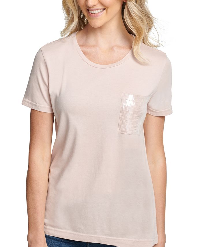 Camiseta feminina DKNY com lantejoulas, manga curta, gola redonda, rosa, tamanho grande