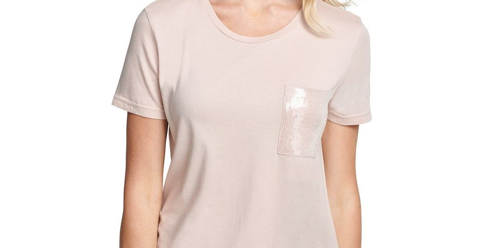 Camiseta feminina DKNY com lantejoulas, manga curta, gola redonda, rosa, tamanho grande