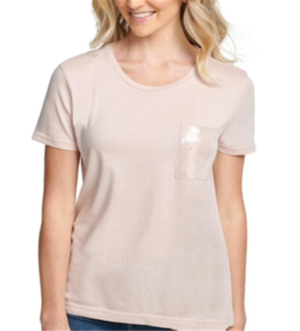 Camiseta feminina DKNY com lantejoulas, manga curta, gola redonda, rosa, tamanho grande