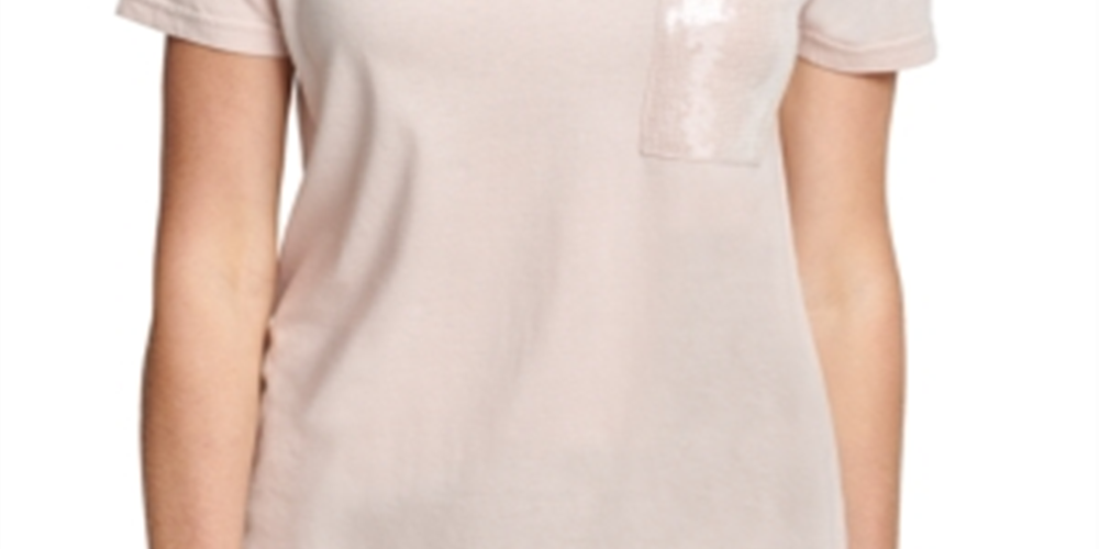 Camiseta feminina DKNY com lantejoulas, manga curta, gola redonda, rosa, tamanho grande