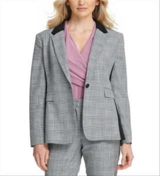 Terno xadrez feminino DKNY para usar no trabalho, jaqueta cinza, tamanho 2, pequena