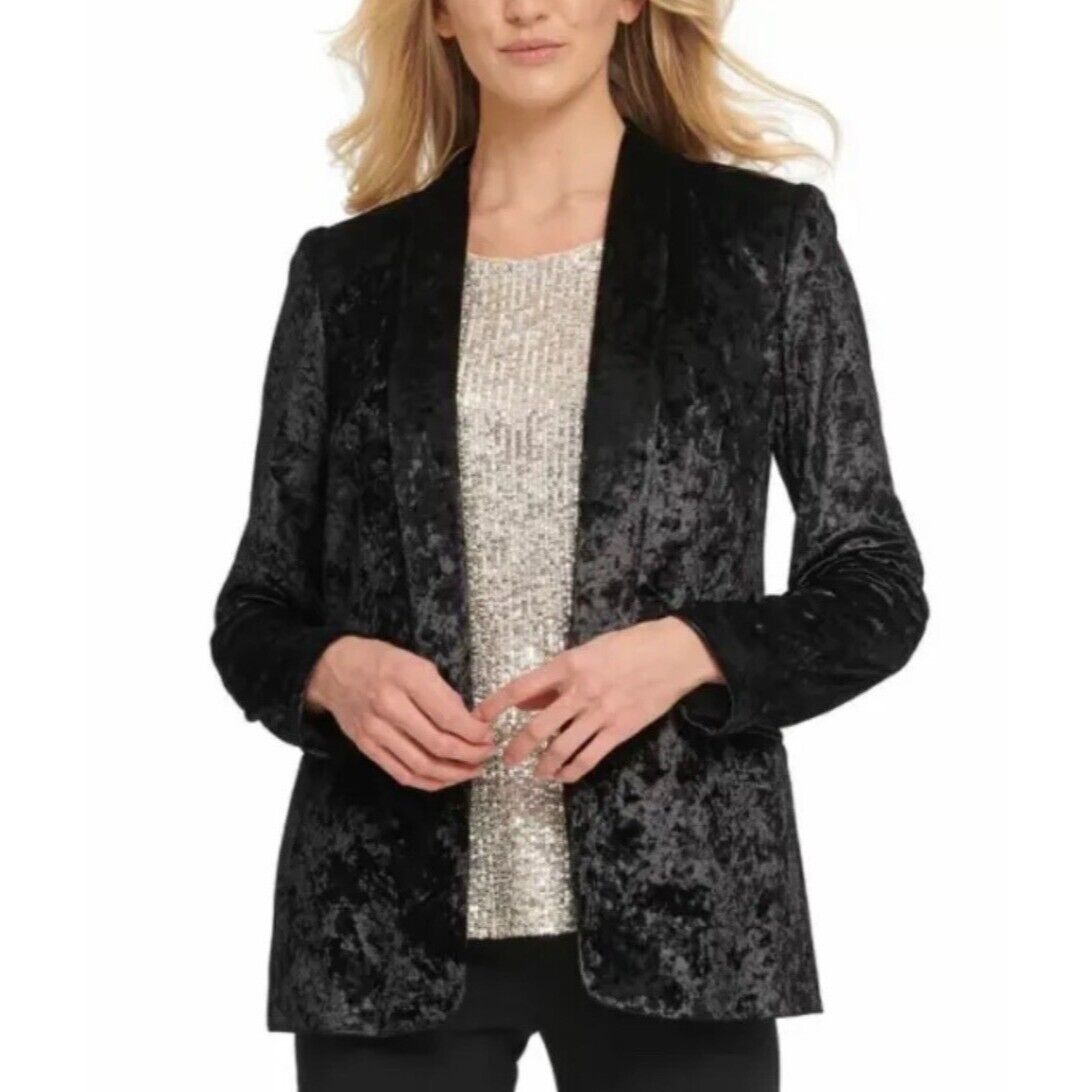 Blazer feminino de veludo aberto DKNY, preto, tamanho 8