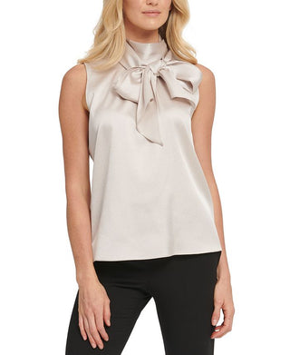 Blusa feminina DKNY com decote falso e laço, bege, tamanho grande