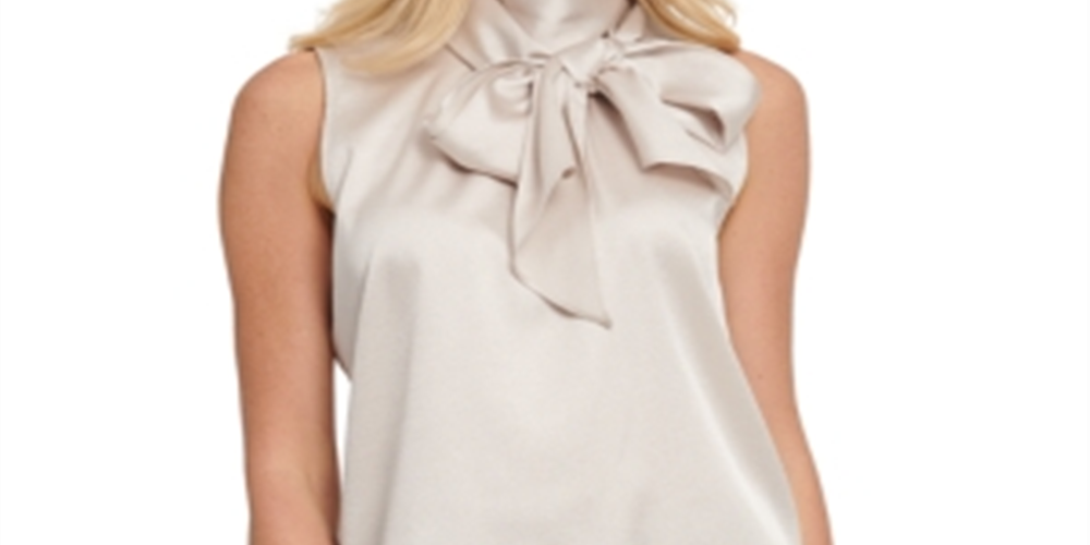 Blusa feminina DKNY com decote falso e laço, bege, tamanho grande