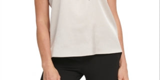 Blusa feminina DKNY com decote falso e laço, bege, tamanho grande