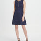 Vestido flare feminino DKNY de camurça com zíper e ajuste azul, tamanho 4