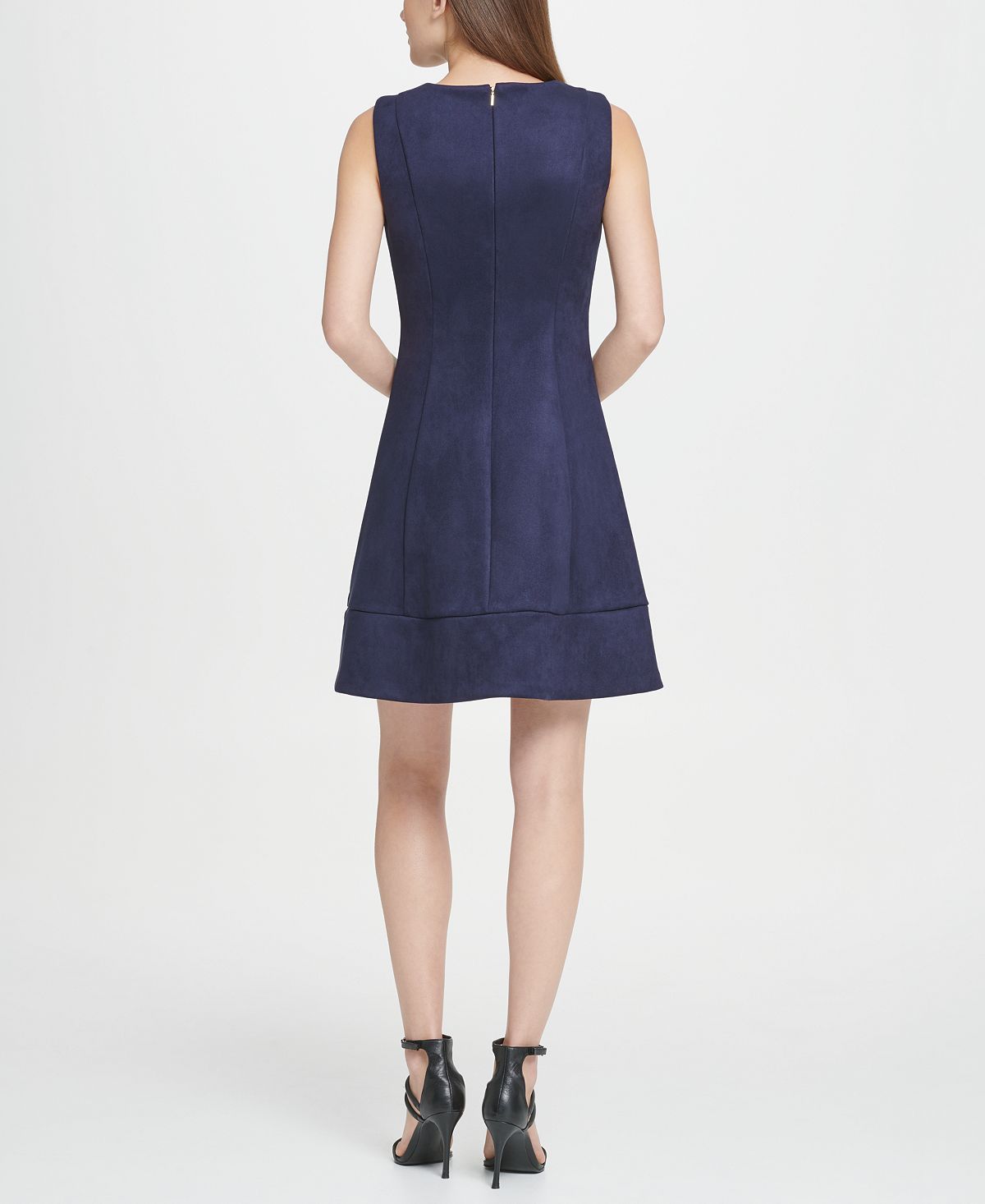 Vestido flare feminino DKNY de camurça com zíper e ajuste azul, tamanho 4