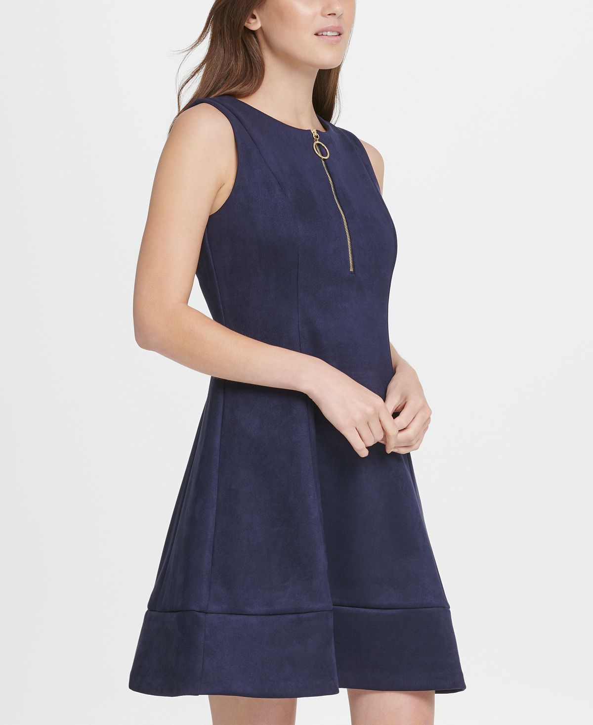Vestido flare feminino DKNY de camurça com zíper e ajuste azul, tamanho 4