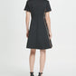 Vestido feminino DKNY com estampa animal, manga curta, gola alta, acima do joelho, preto, tamanho 6