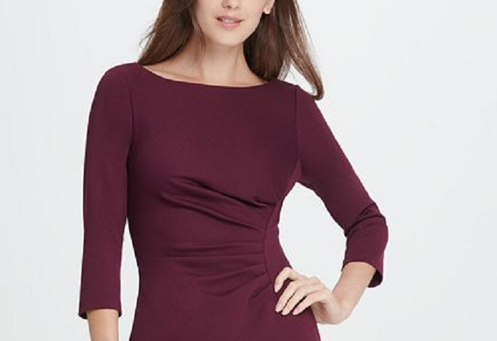 Vestido feminino DKNY com babados, manga 3/4, gola alta, acima do joelho, para usar no trabalho, vermelho, tamanho 14