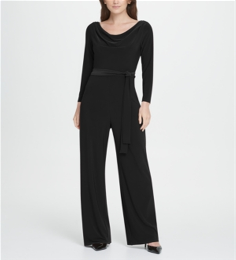 Macacão feminino DKNY com decote canoa e manga comprida, preto, tamanho 4