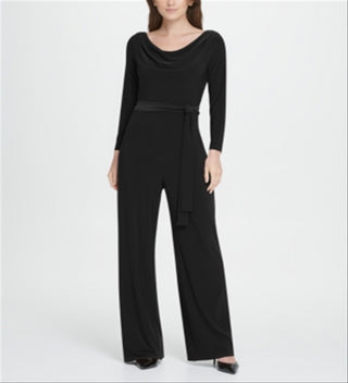 Macacão feminino DKNY com decote canoa e manga comprida, preto, tamanho 4