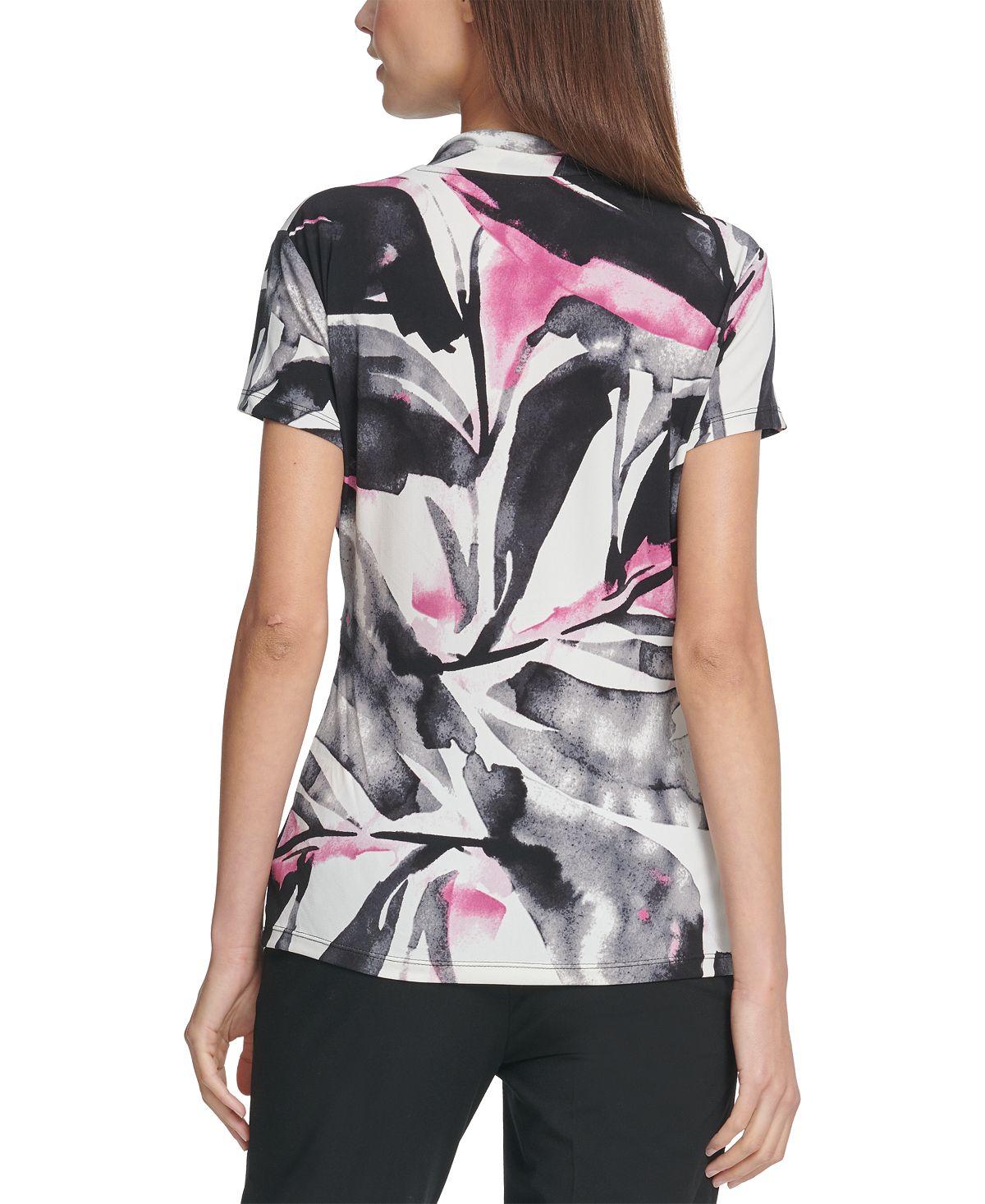 Blusa feminina DKNY estampada com franzidos laterais, cinza, tamanho grande
