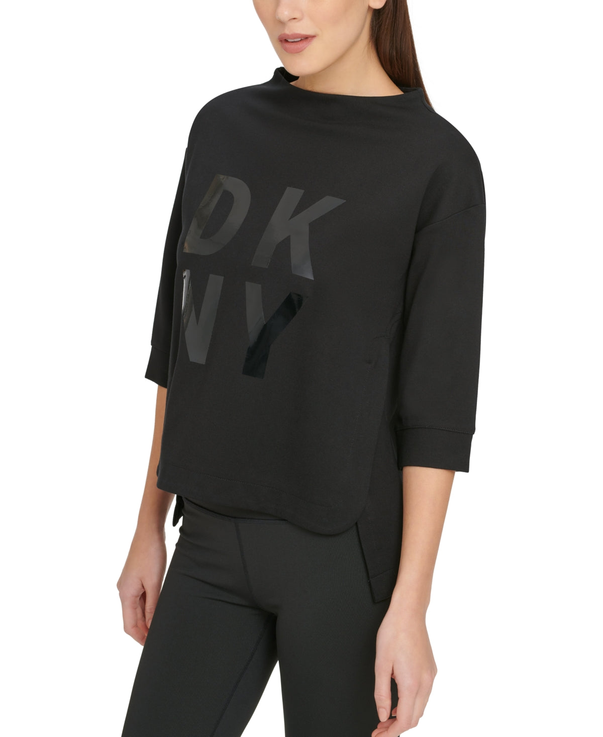 Moletom feminino DKNY com logo empilhado, preto, tamanho extragrande