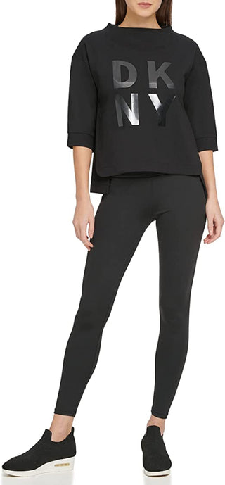 Moletom feminino DKNY com logo empilhado, preto, tamanho extragrande