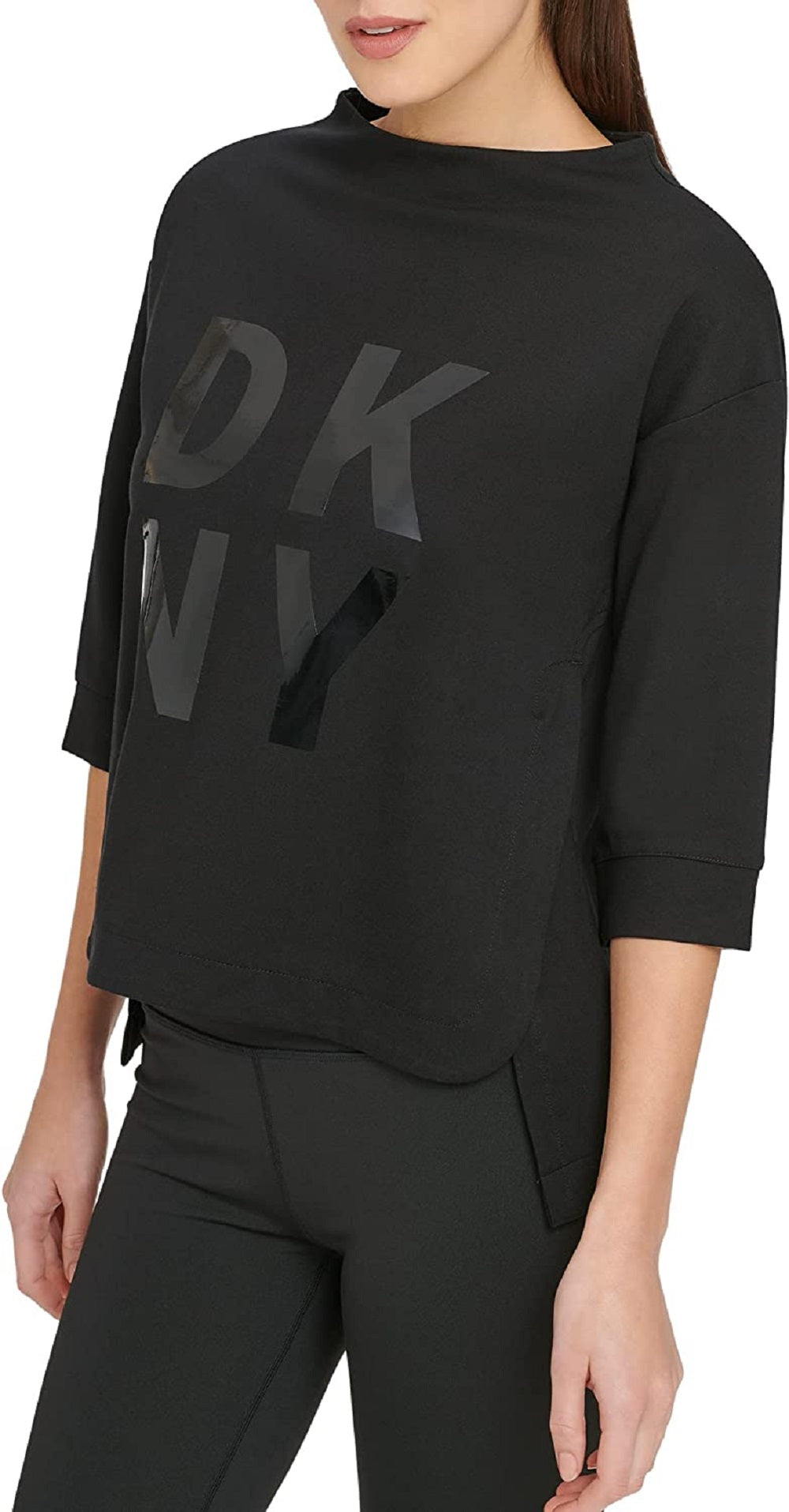 Moletom feminino DKNY Techno Knit Stacked Logo, preto, tamanho pequeno