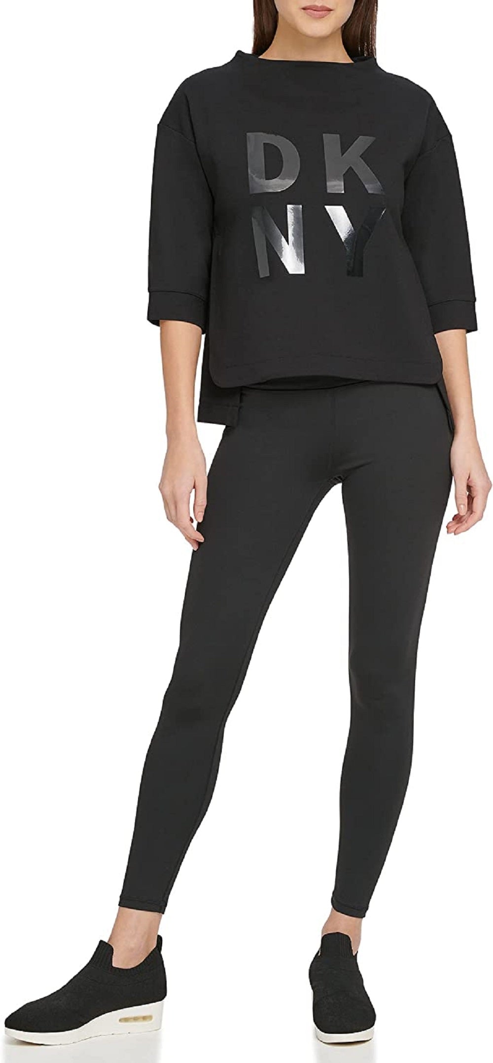 Moletom feminino DKNY Techno Knit Stacked Logo, preto, tamanho pequeno