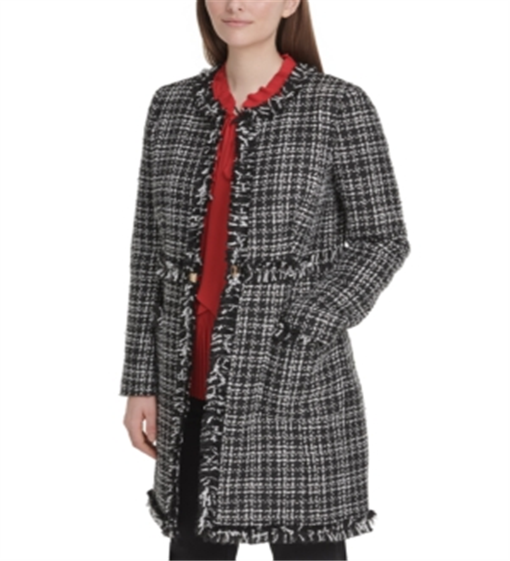 Jaqueta feminina DKNY Tweed Plaid Topper preta tamanho 10