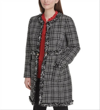 Jaqueta feminina DKNY Tweed Plaid Topper preta tamanho 10