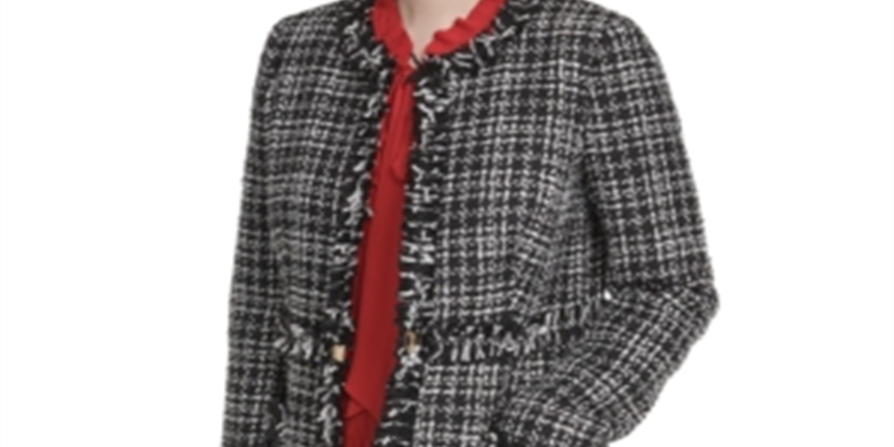 Jaqueta feminina DKNY Tweed Plaid Topper preta tamanho 10