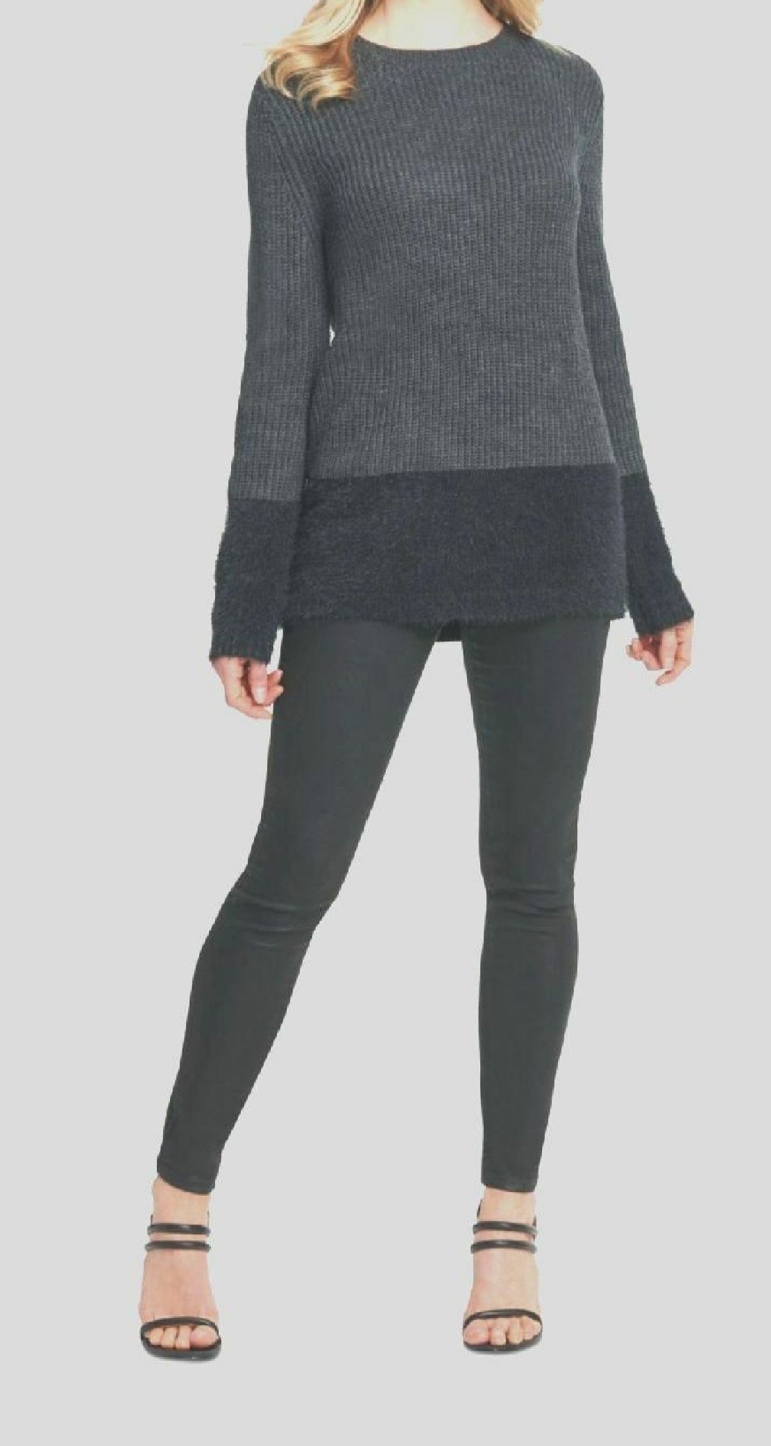 Suéter feminino DKNY com estampa de pele sintética, manga comprida, gola redonda, cinza, tamanho pequeno