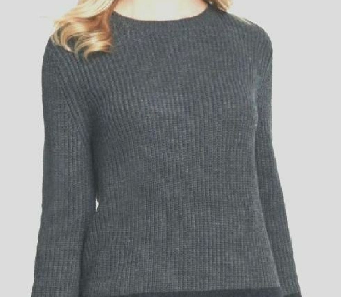 Suéter feminino DKNY com estampa de pele sintética, manga comprida, gola redonda, cinza, tamanho pequeno