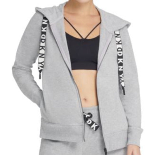 Moletom com capuz feminino DKNY com logotipo e zíper, cinza, tamanho médio