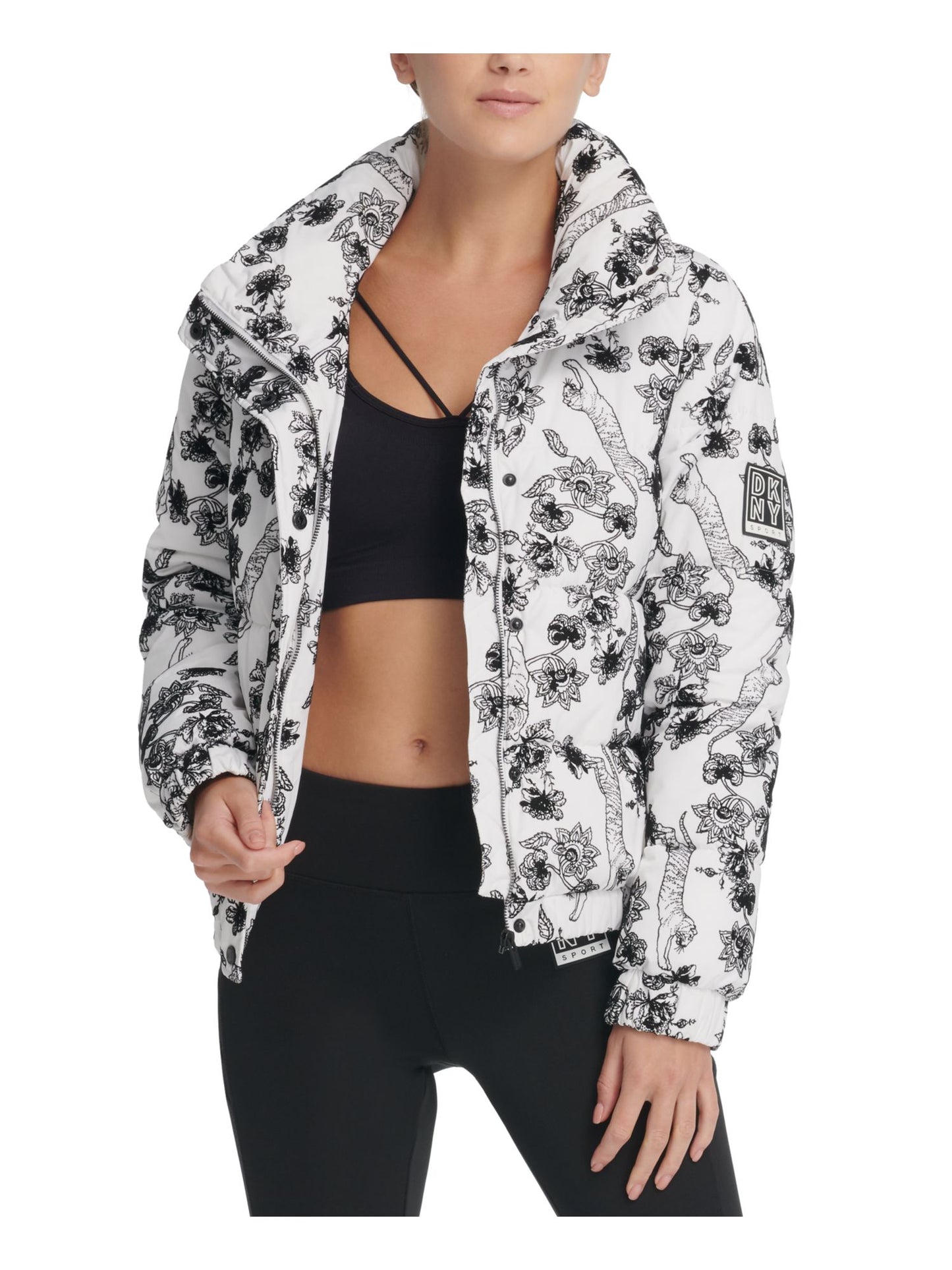 Jaqueta de inverno feminina DKNY com zíper, bolsos, botões texturizados, floral, manga comprida, gola simulada, tamanho grande, branca