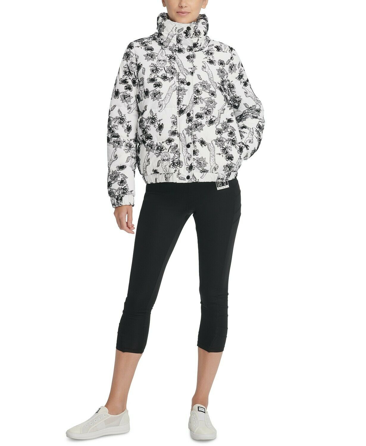 Jaqueta de inverno feminina DKNY com zíper, bolsos, botões texturizados, floral, manga comprida, gola simulada, tamanho grande, branca