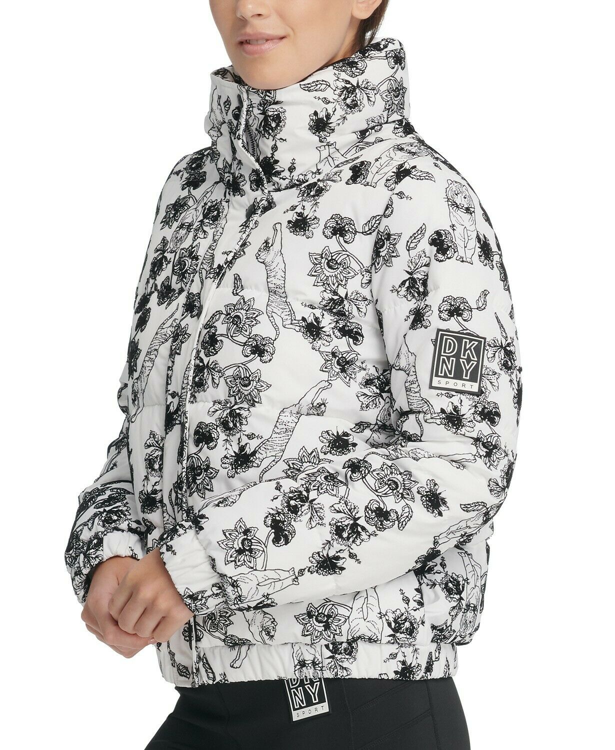 Jaqueta de inverno feminina DKNY com zíper, bolsos, botões texturizados, floral, manga comprida, gola simulada, tamanho grande, branca