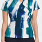 Blusa feminina estampada DKNY, manga curta, gola V, azul, tamanho grande