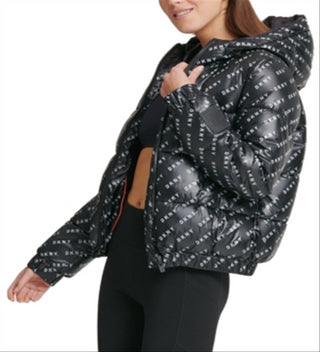 Jaqueta com capuz e estampa de logotipo DKNY feminina, preta, tamanho X-G