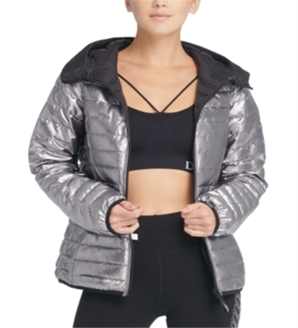 Jaqueta esportiva reversível com capuz e dobrável DKNY feminina, cinza, tamanho extragrande