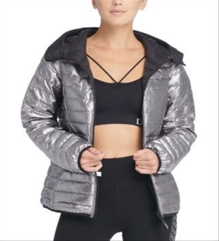 Jaqueta esportiva reversível com capuz e dobrável DKNY feminina, cinza, tamanho extragrande