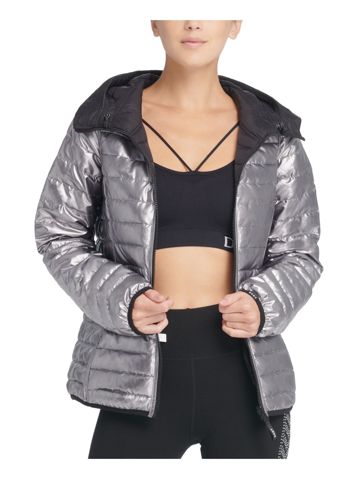 Jaqueta feminina DKNY com bolso e zíper, cinza, tamanho médio