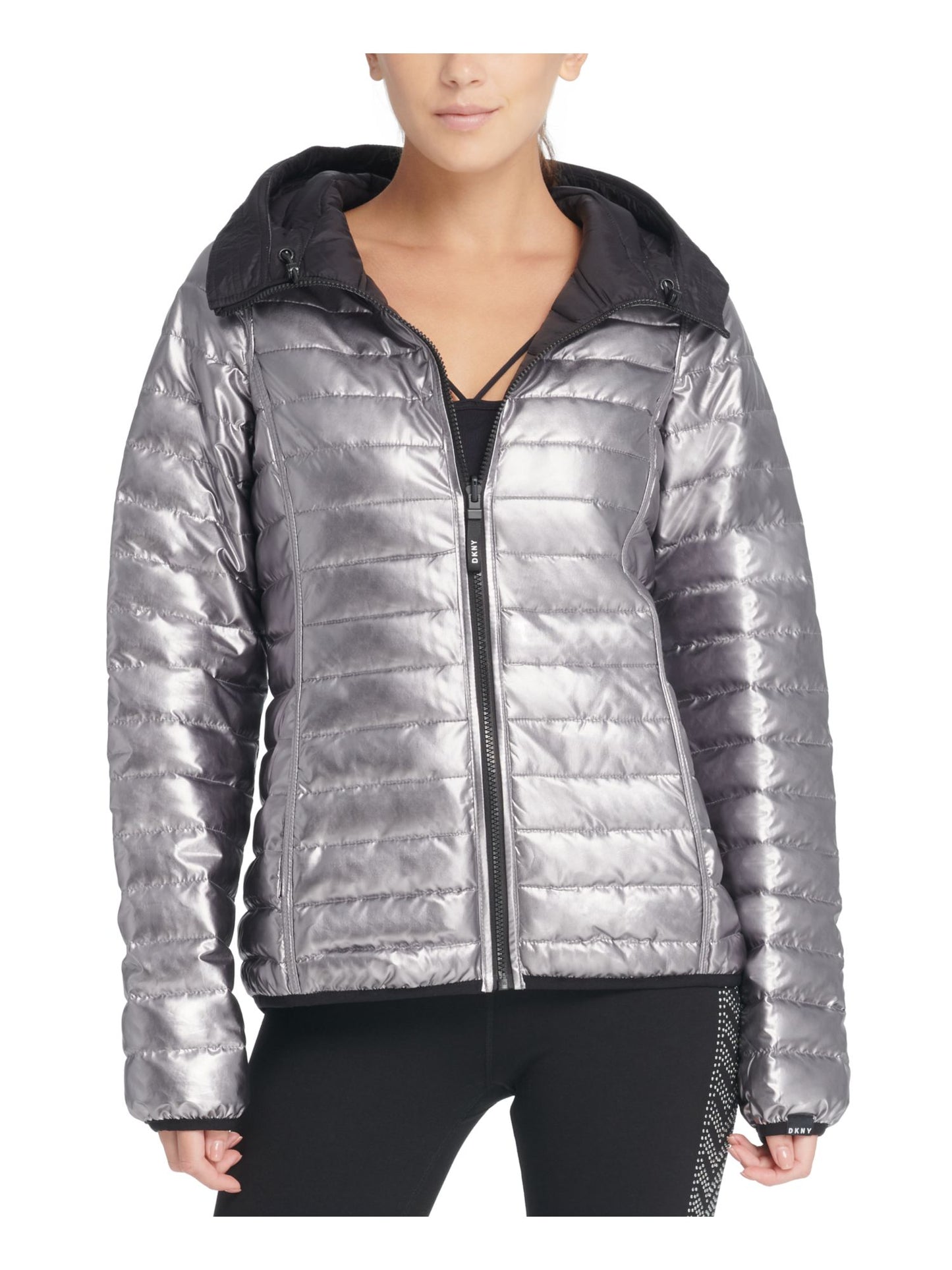 Jaqueta feminina DKNY com bolso e zíper, cinza, tamanho médio