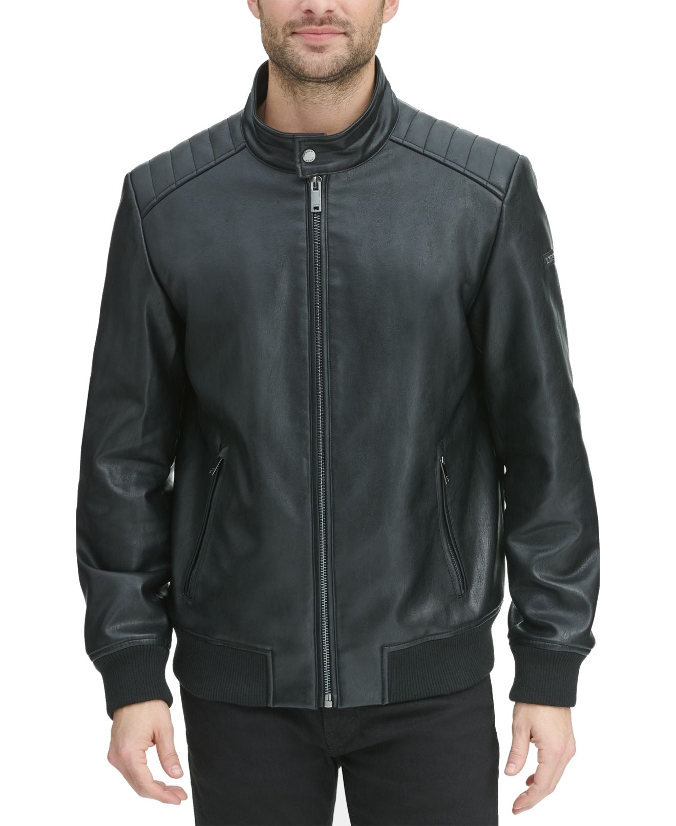 Jaqueta masculina DKNY de couro sintético para motocicleta, forrada e acolchoada, preta, tamanho extragrande