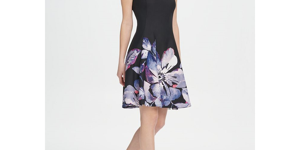 Vestido feminino floral DKNY Scuba Fit &amp; Flare, preto, tamanho 6