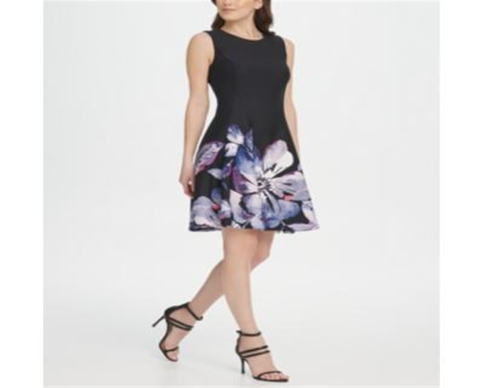 Vestido feminino floral DKNY Scuba Fit &amp; Flare, preto, tamanho 6