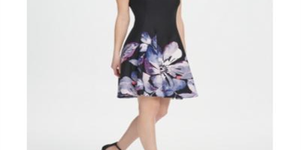 Vestido feminino floral DKNY Scuba Fit &amp; Flare, preto, tamanho 6
