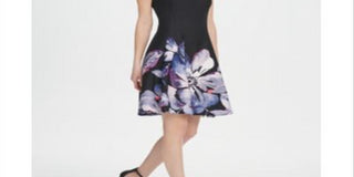 Vestido feminino floral DKNY Scuba Fit &amp; Flare, preto, tamanho 6
