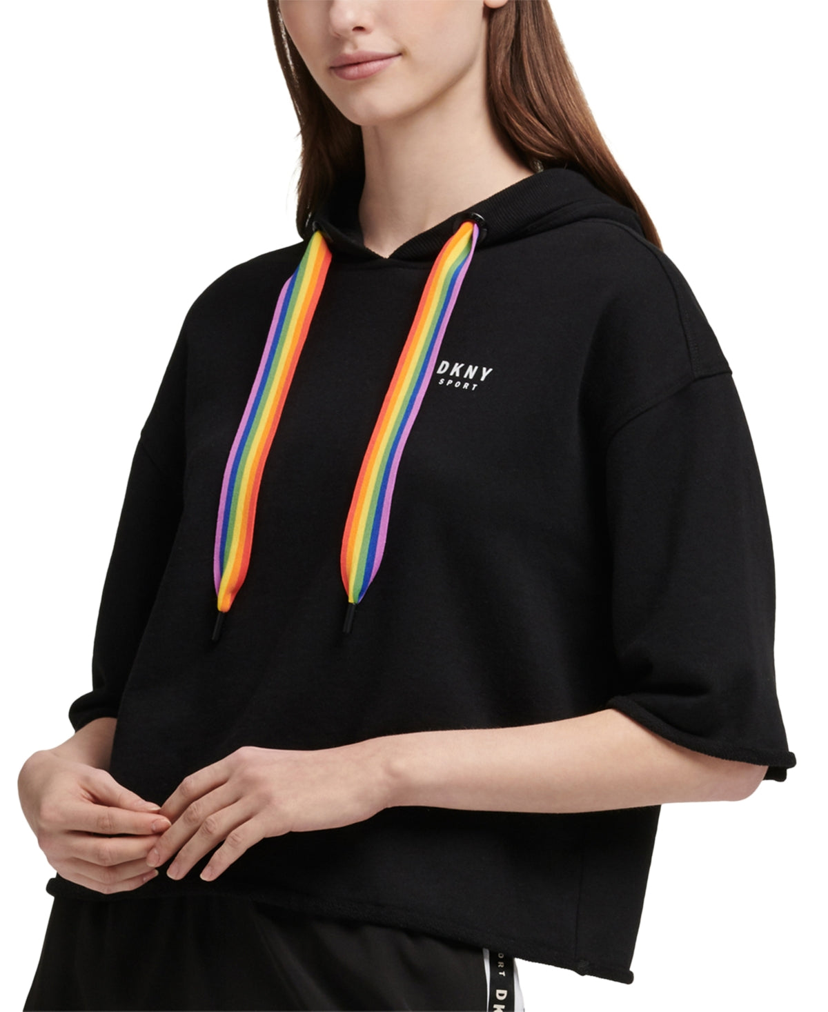 Moletom com capuz curto feminino DKNY Rainbow String, preto, tamanho médio