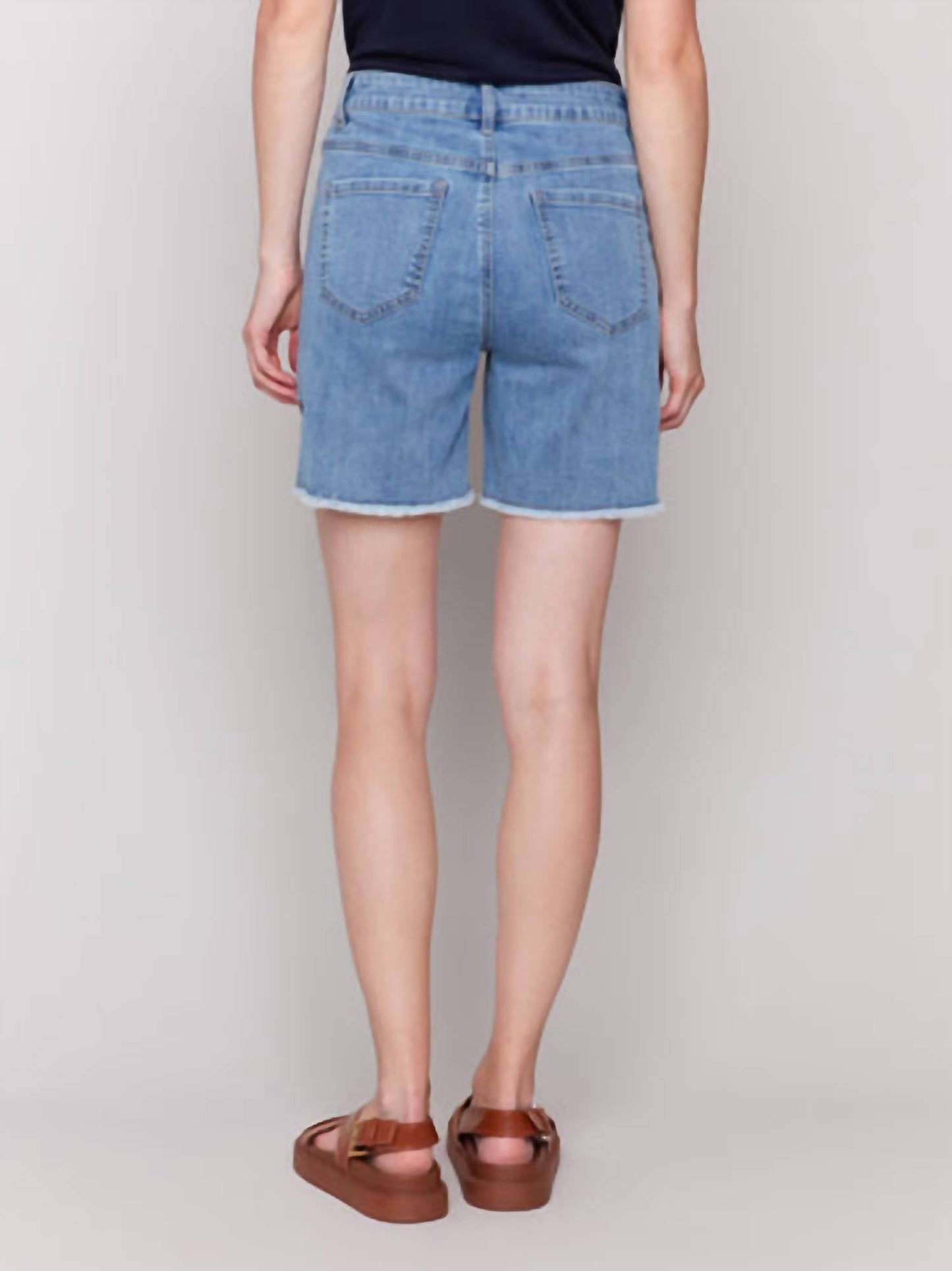 Charlie B - Embroidered Fringed Hem Denim Shorts