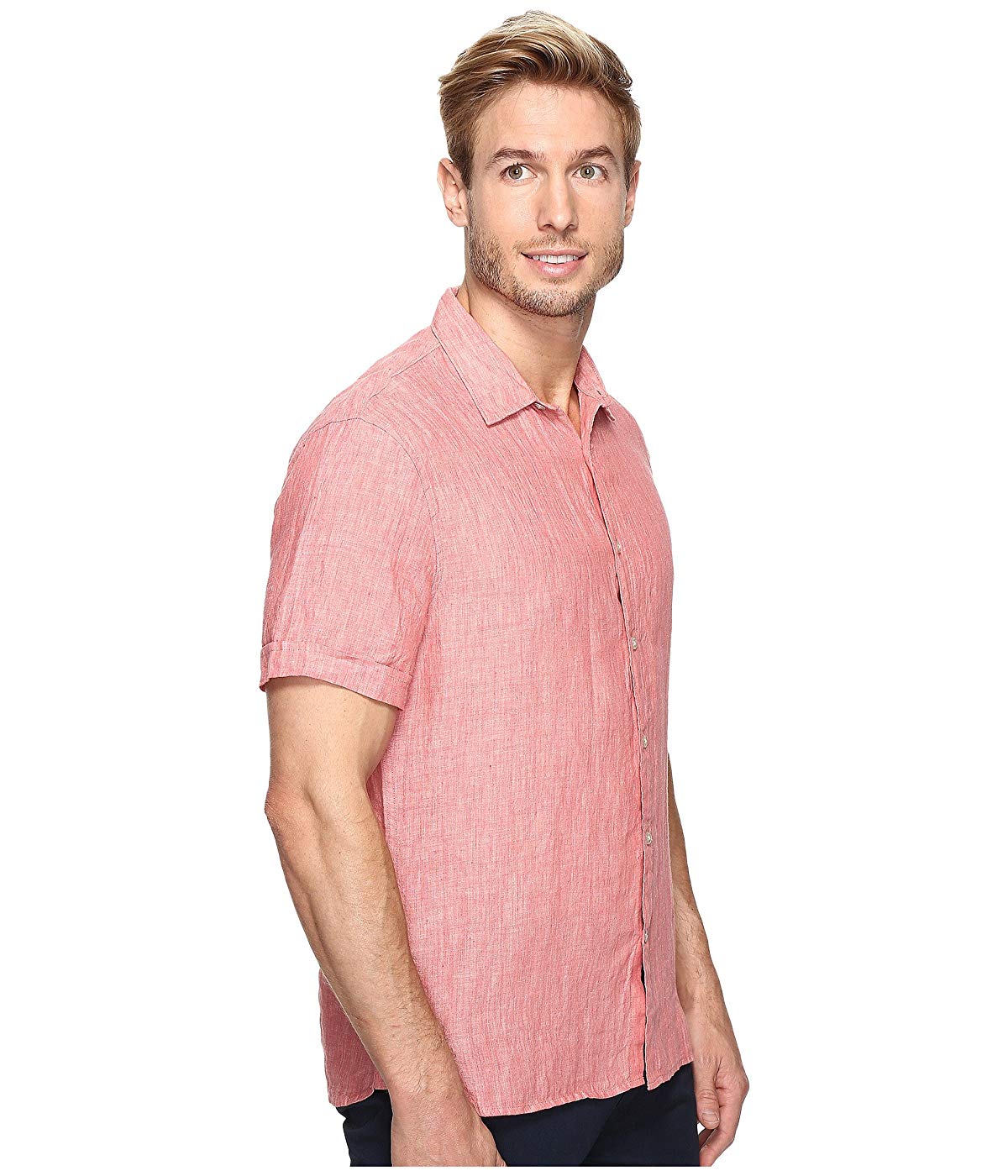 Camisa masculina Perry Ellis de linho liso, manga curta, chambray, vermelha, tamanho médio