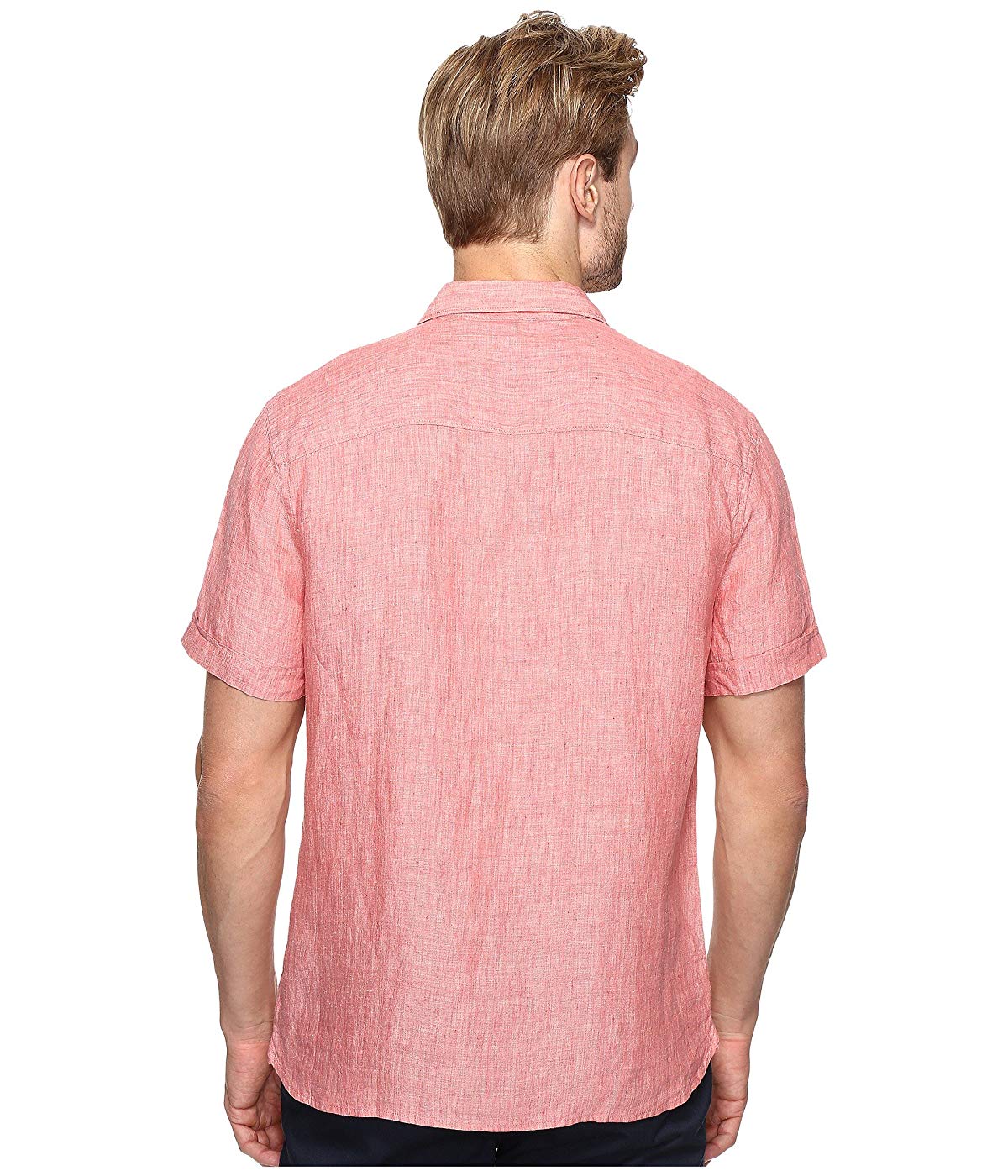 Camisa masculina Perry Ellis de linho liso, manga curta, chambray, vermelha, tamanho médio