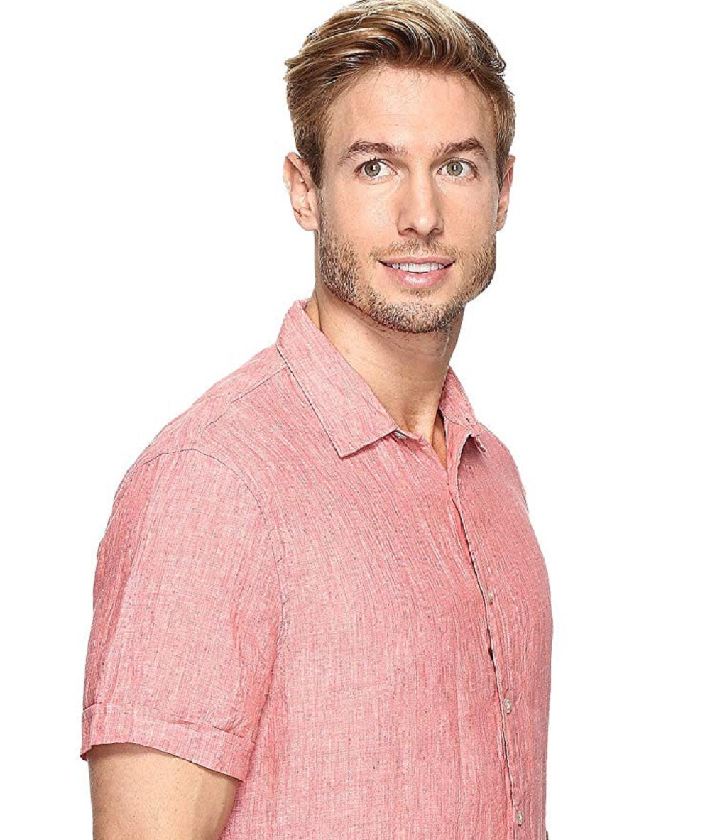 Camisa masculina Perry Ellis de linho liso, manga curta, chambray, vermelha, tamanho médio