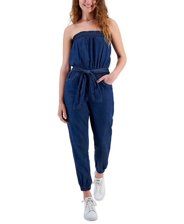 Macacão jeans sem alças com franzido e babados da Dollhouse Junior, tamanho pequeno, azul