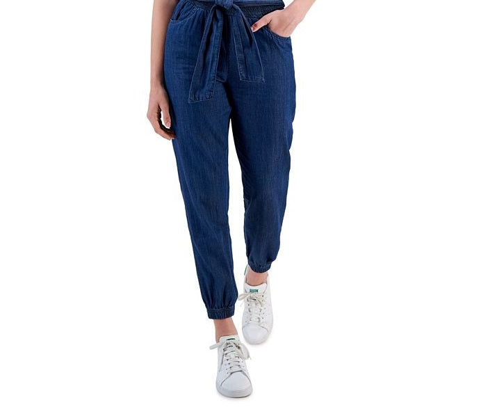 Macacão jeans sem alças com franzido e babados da Dollhouse Junior, tamanho pequeno, azul