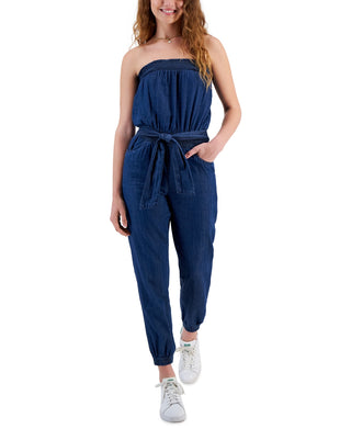 Macacão jeans sem alças com franzido e babados, tamanho grande, azul, da Dollhouse Junior