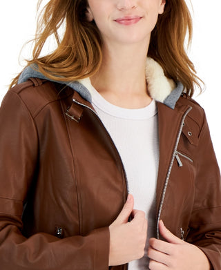 Jaqueta de motociclista com capuz de couro sintético Jou Jou Junior, marrom, tamanho médio